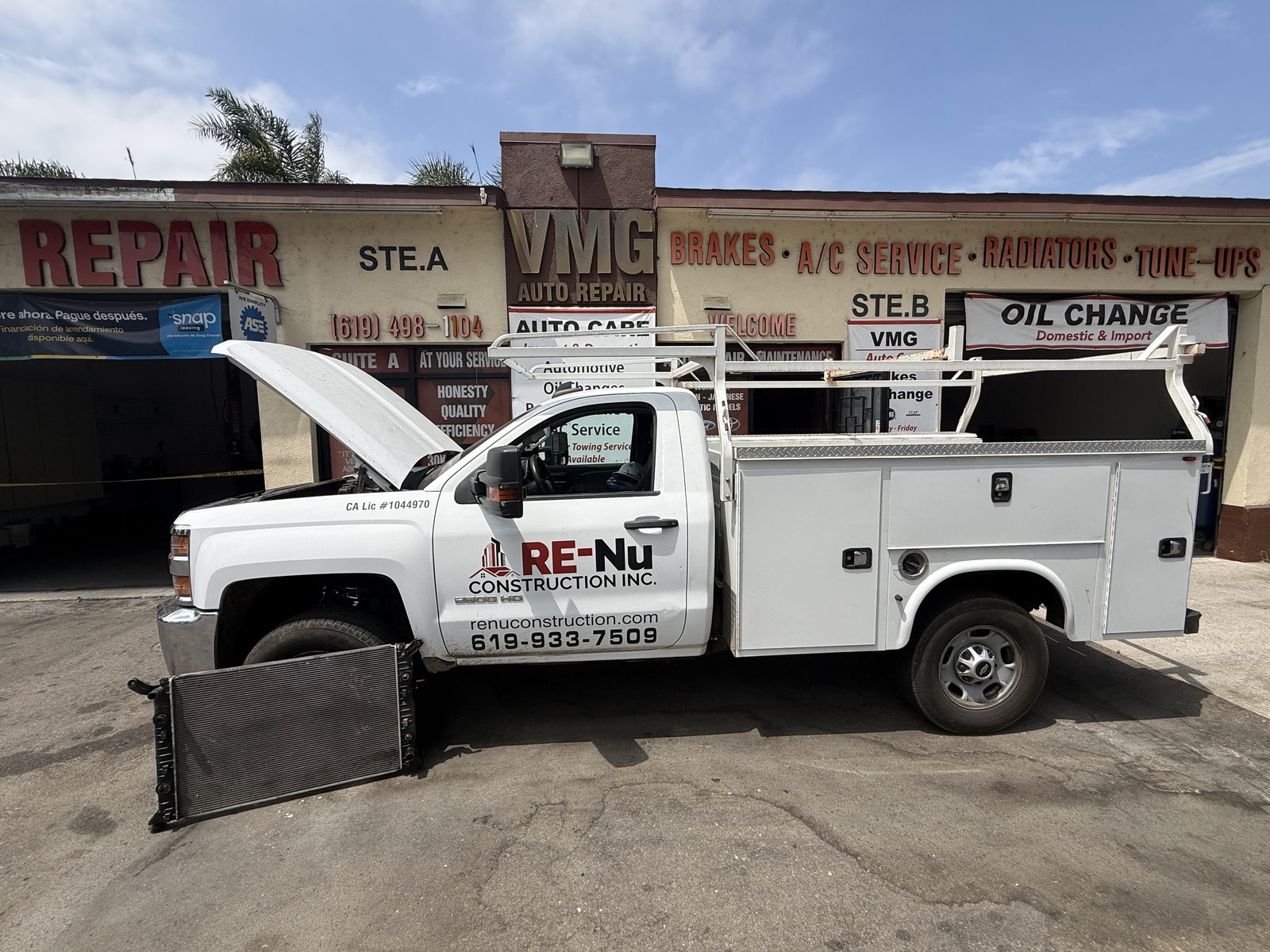Construction company service truck at the shop